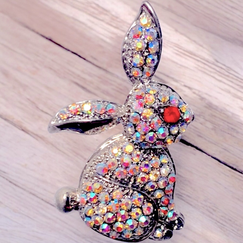 Bunny Rabbit White, Iridescent, Silver, & Rhinestone Brooch Pin - Picture 5 of 6